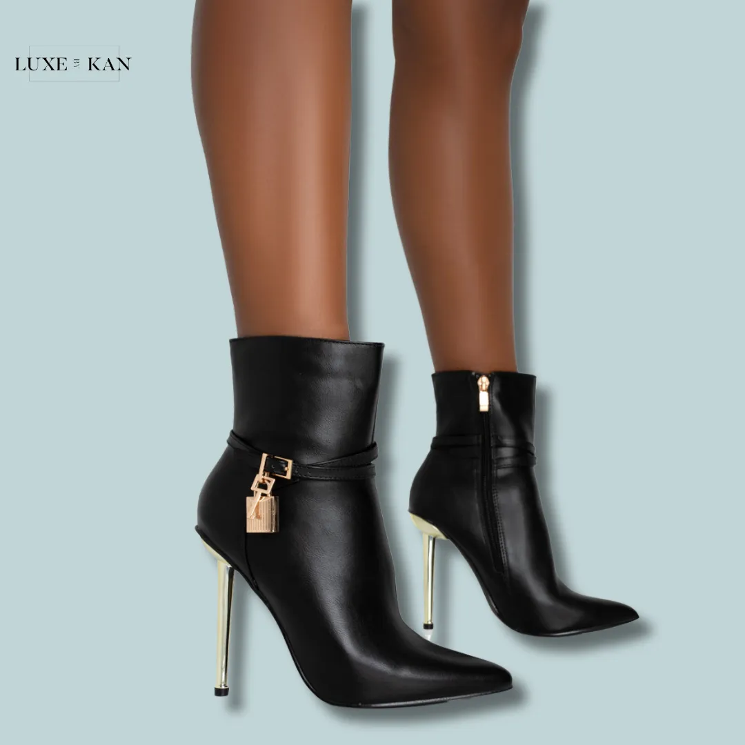 PUBLIC DESIRE JALAN BLACK PU PADLOCK POINTED TOE GOLD STILETTO HEEL ANKLE BOOTS