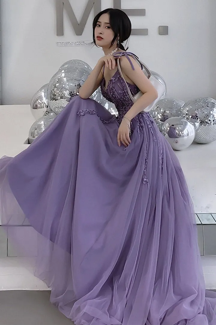 Purple Lace V-neckline Tulle Straps Low Back Tulle Party Dresses, Purple A-line Evening Dresses