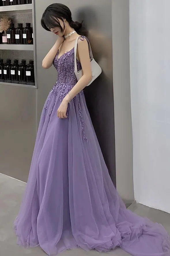 Purple Lace V-neckline Tulle Straps Low Back Tulle Party Dresses, Purple A-line Evening Dresses