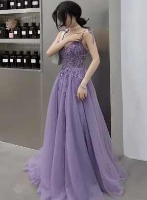 Purple Lace V-neckline Tulle Straps Low Back Tulle Party Dresses, Purple A-line Evening Dresses