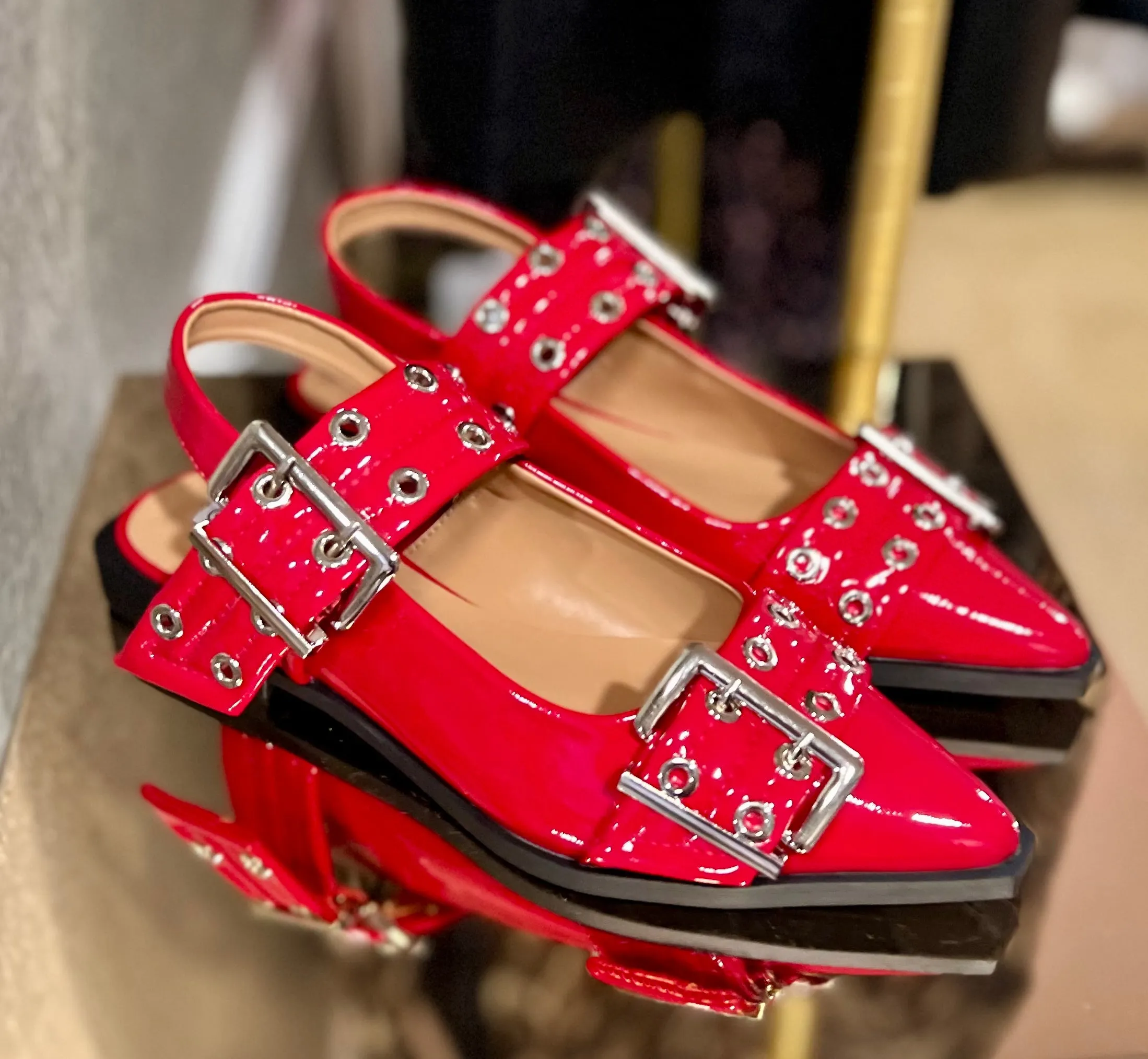 Red Patent Oversized Buckle Slingback Flats