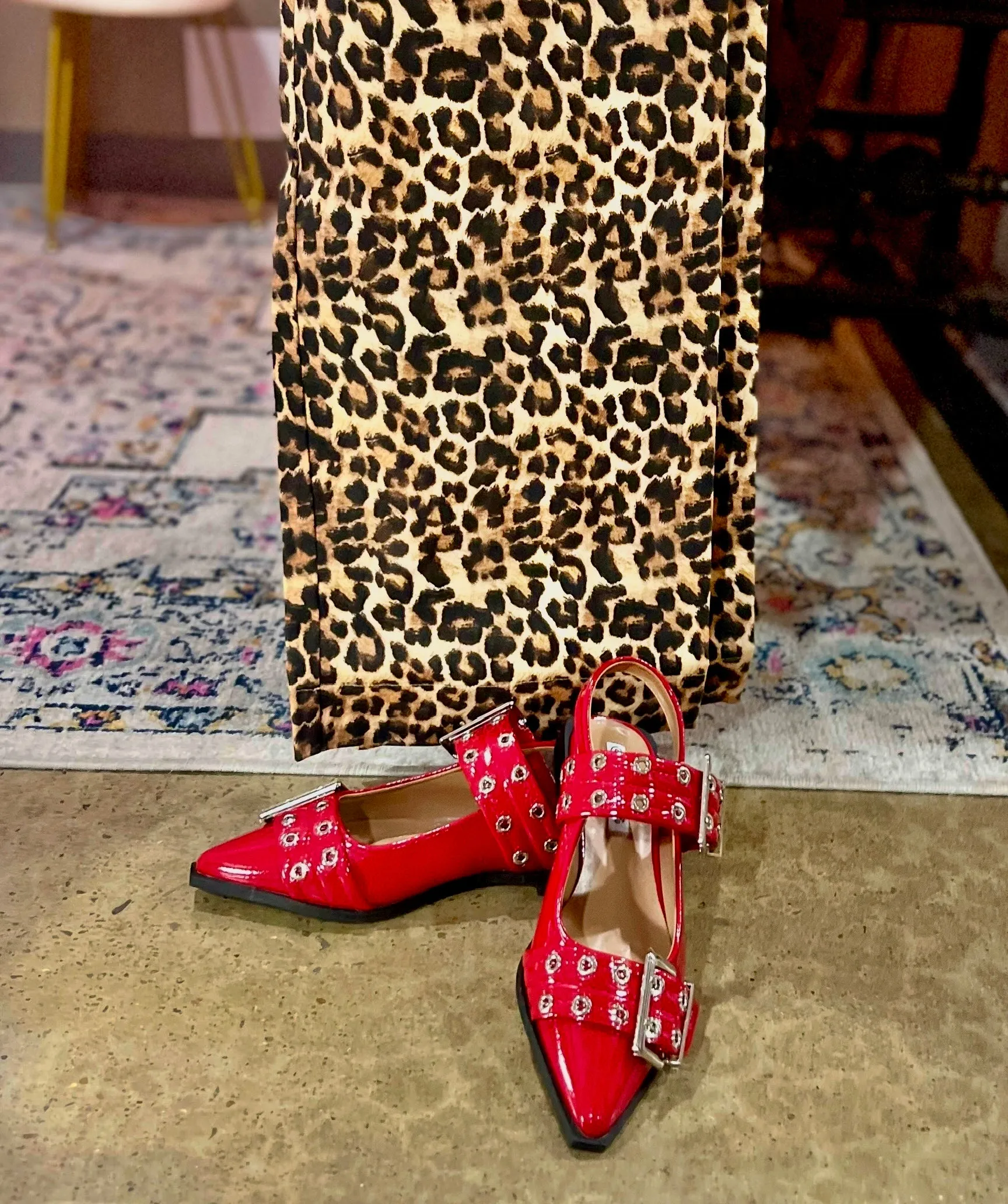 Red Patent Oversized Buckle Slingback Flats