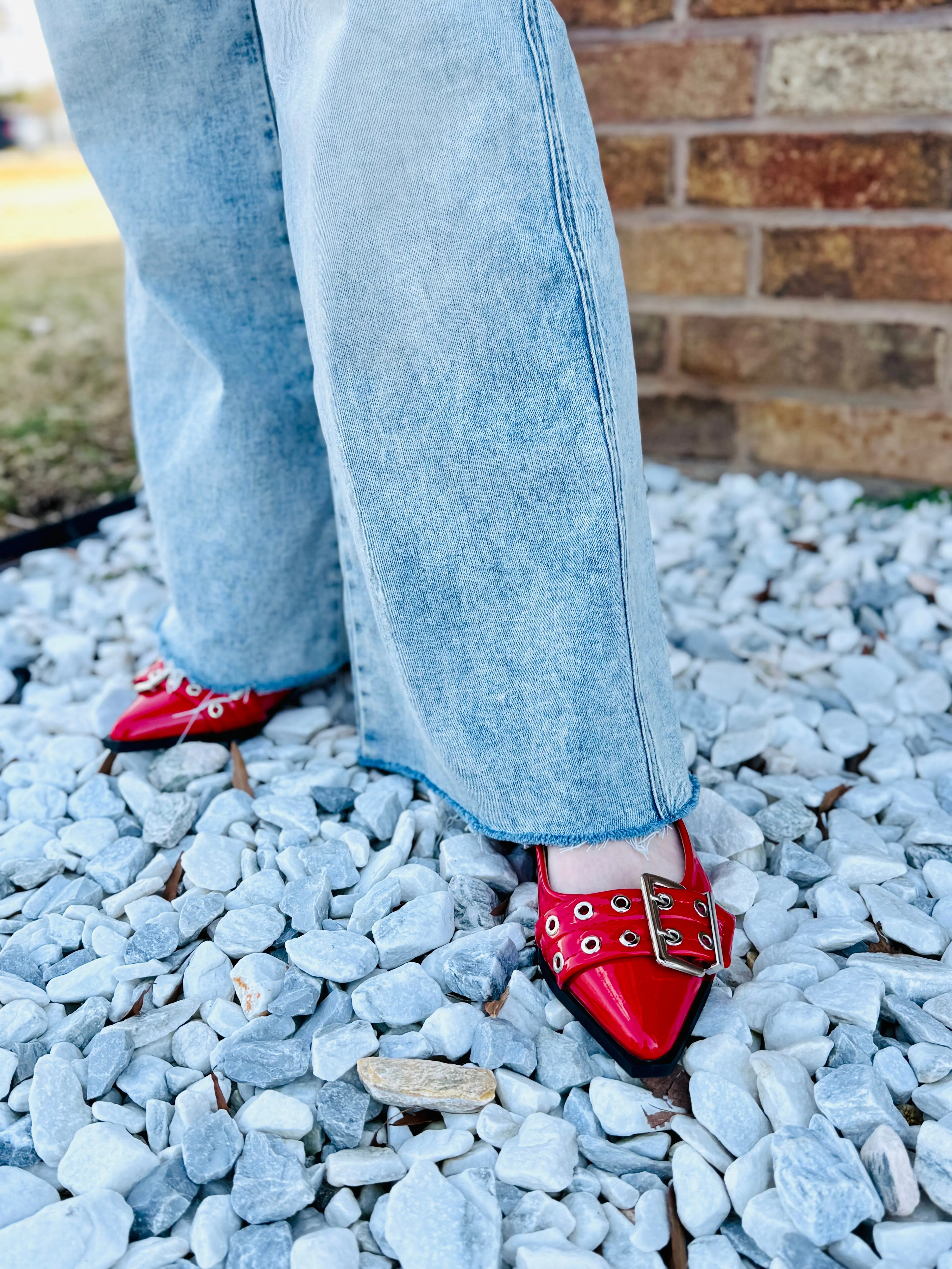Red Patent Oversized Buckle Slingback Flats