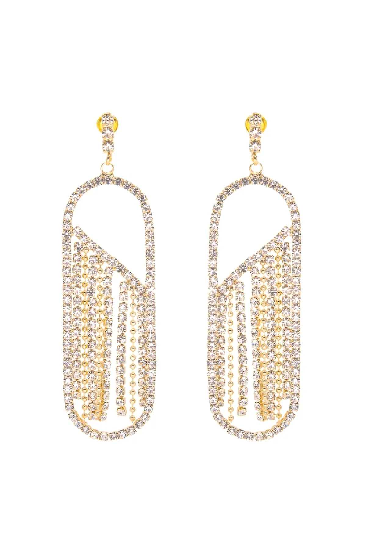 RHINESTONE OVAL FRINGE POST DROP EARRINGS