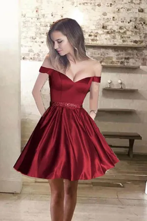 Satin Cheap Short Prom Dresses, A line Off Shoulder Homecoming Dress, MH05