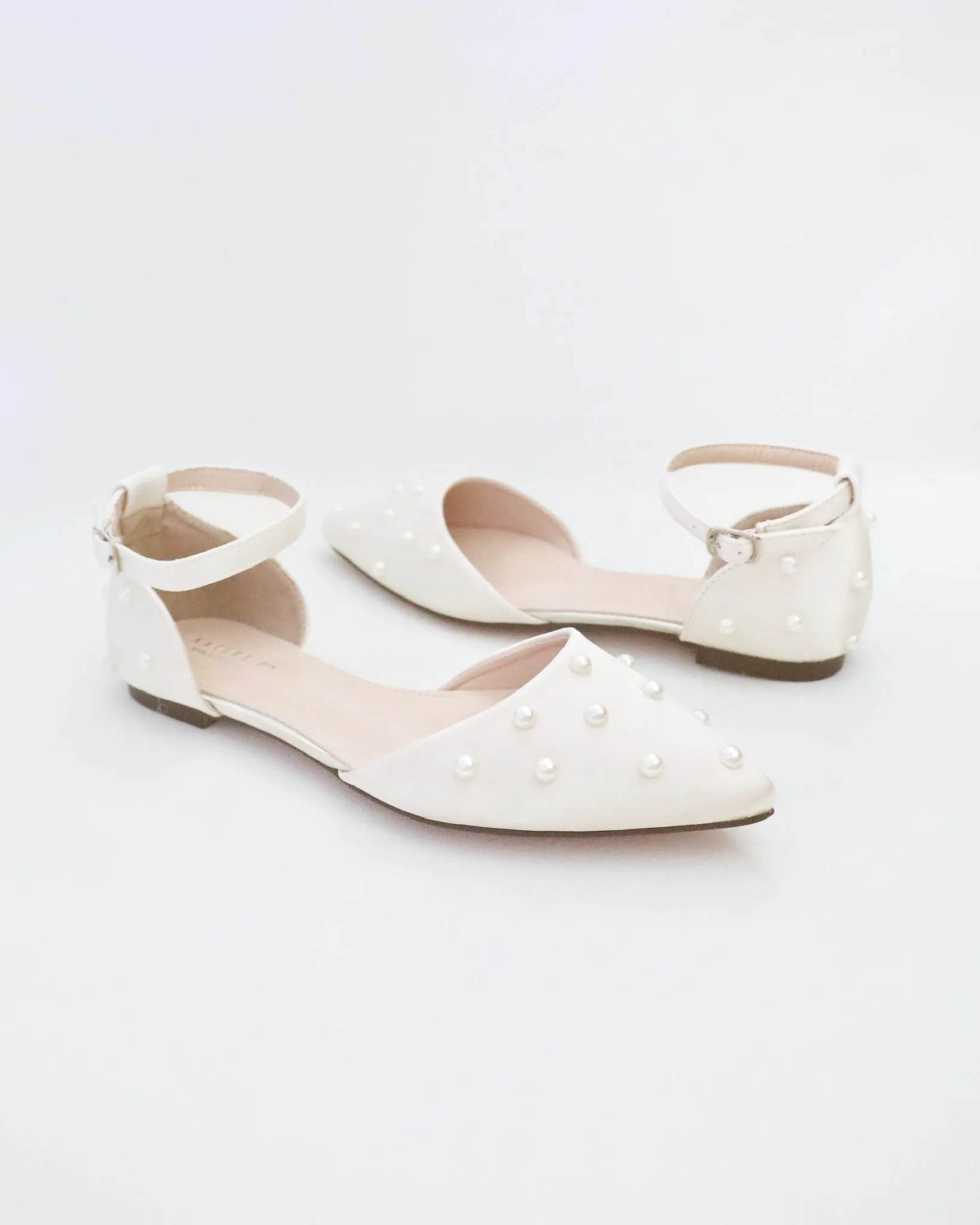 Satin Pointy Toe Flats with Scattered Pearls