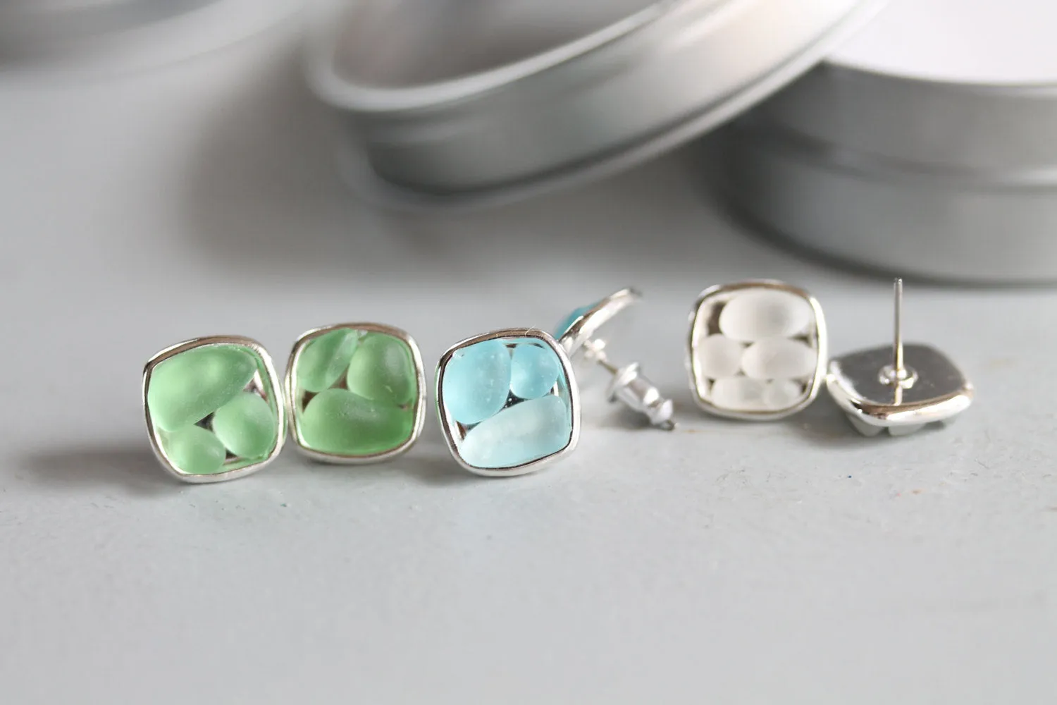 Sea Glass & Silver Mosaic Earrings - Post