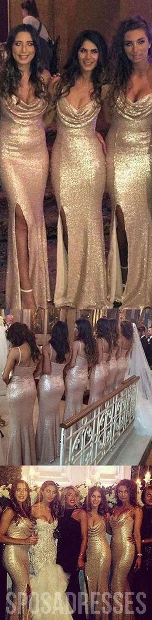 Sexy Seqin Mermaid Side Split Sparkly Long Wedding Party Bridesmaid Dresses, WG26