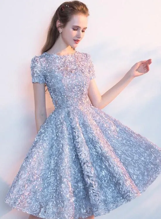 Sliver Grey Floral Lace Homecoming Dress, Scoop A-line Knee-length Lace Short Prom Dress