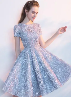 Sliver Grey Floral Lace Homecoming Dress, Scoop A-line Knee-length Lace Short Prom Dress