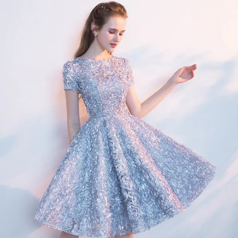Sliver Grey Floral Lace Homecoming Dress, Scoop A-line Knee-length Lace Short Prom Dress