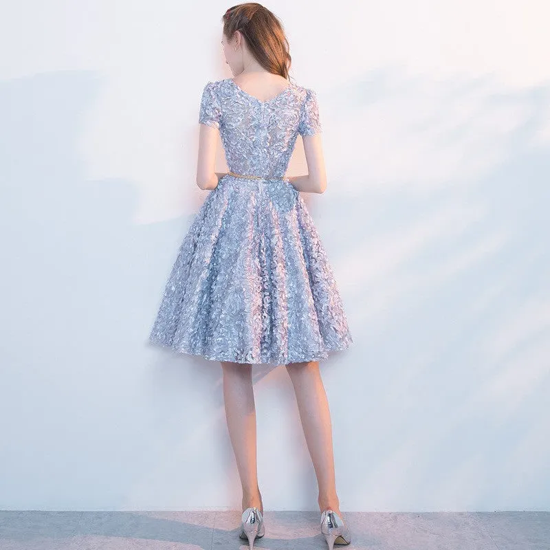 Sliver Grey Floral Lace Homecoming Dress, Scoop A-line Knee-length Lace Short Prom Dress