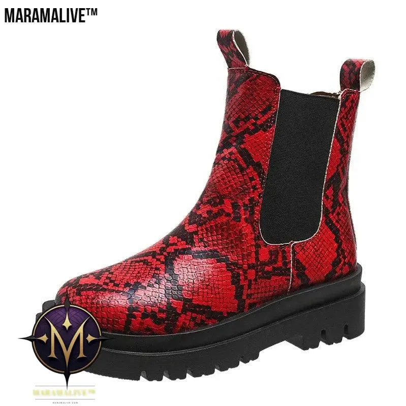 Snakeskin Ankle Boots Slip On Platform Shoes Women