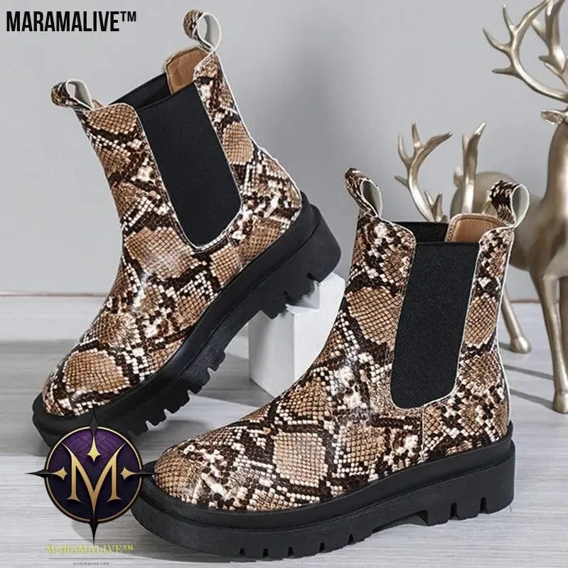 Snakeskin Ankle Boots Slip On Platform Shoes Women