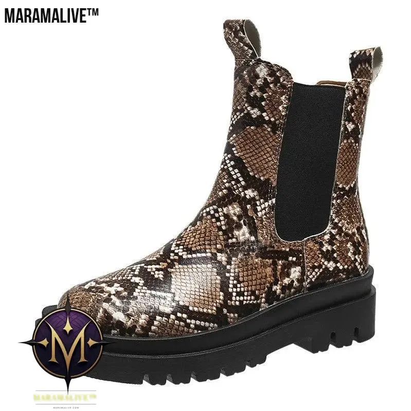 Snakeskin Ankle Boots Slip On Platform Shoes Women