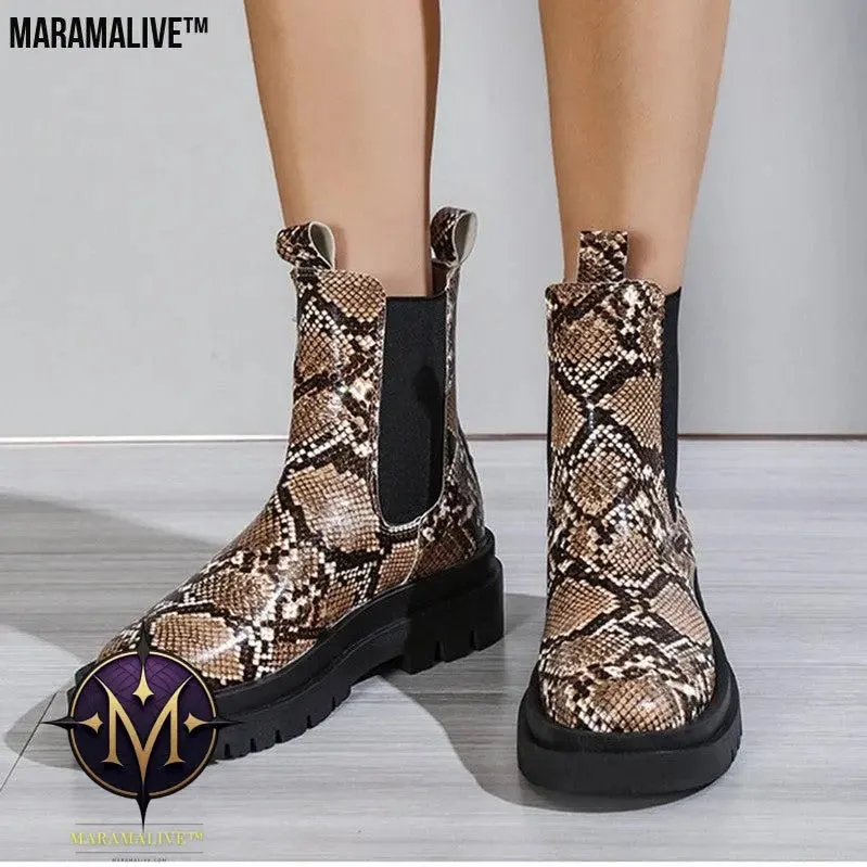 Snakeskin Ankle Boots Slip On Platform Shoes Women