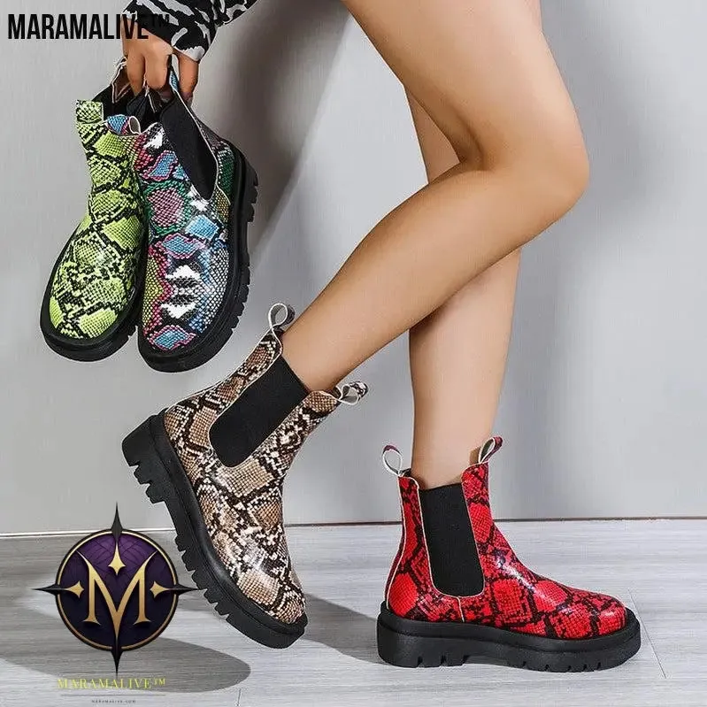 Snakeskin Ankle Boots Slip On Platform Shoes Women