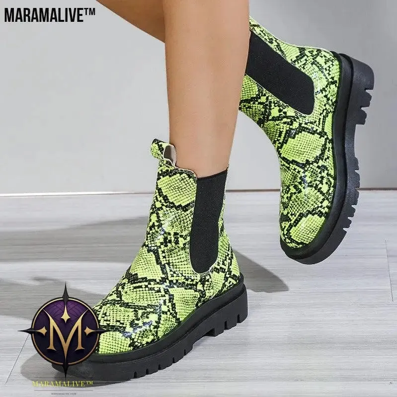 Snakeskin Ankle Boots Slip On Platform Shoes Women