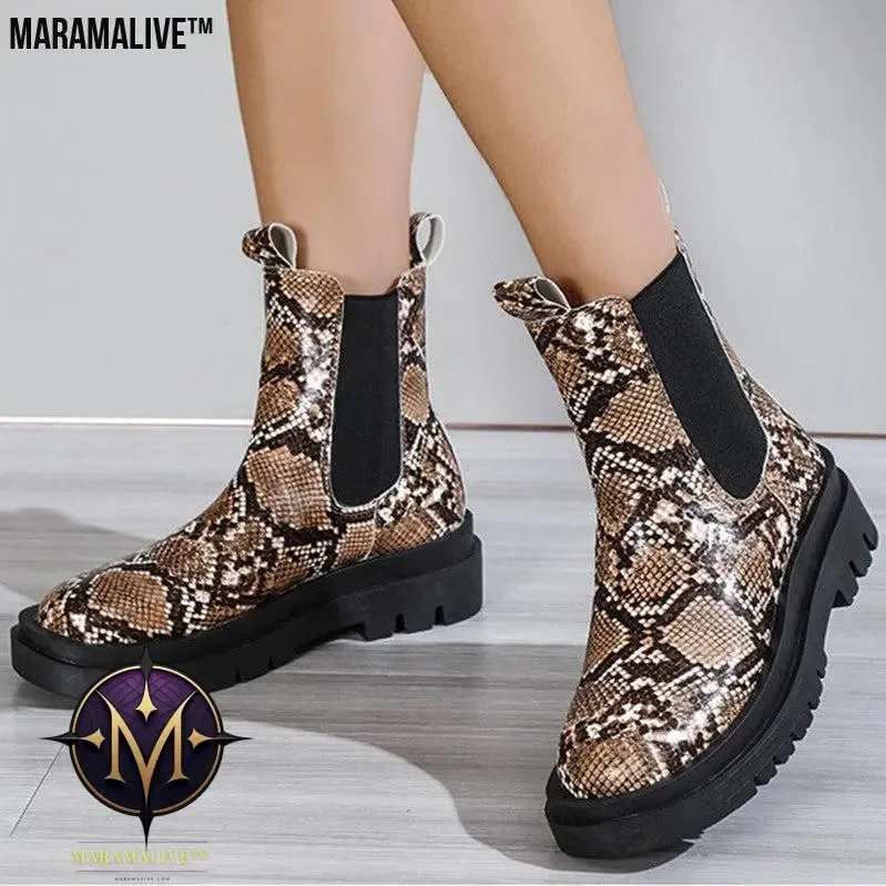 Snakeskin Ankle Boots Slip On Platform Shoes Women