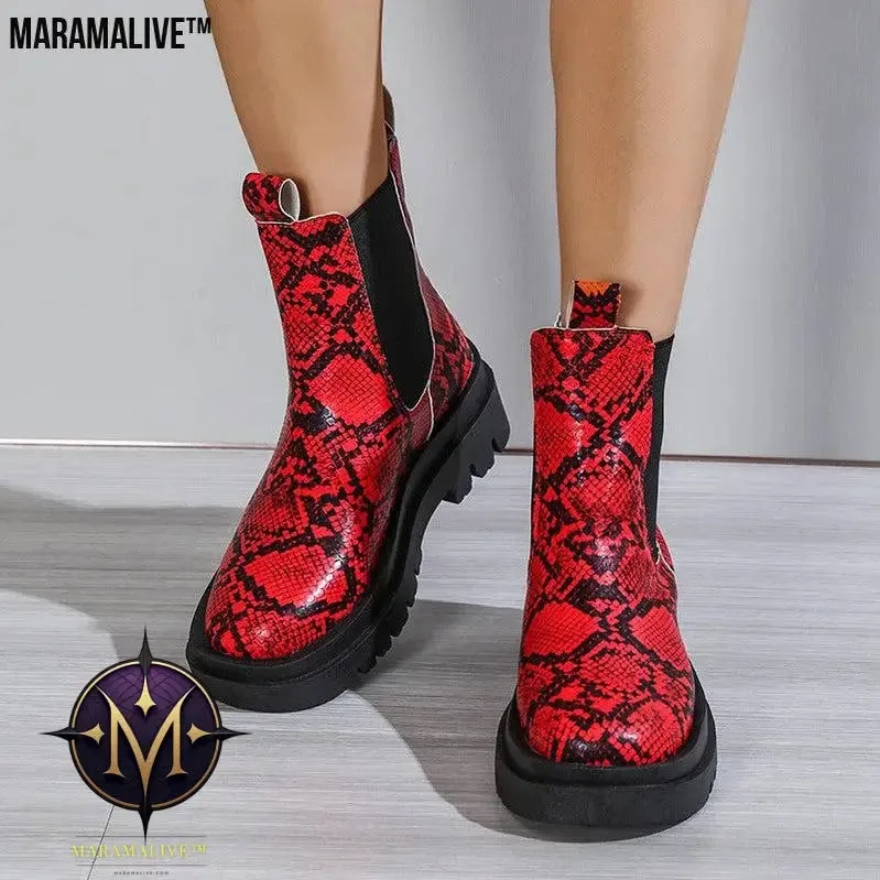 Snakeskin Ankle Boots Slip On Platform Shoes Women
