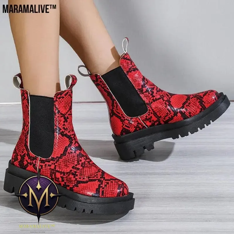 Snakeskin Ankle Boots Slip On Platform Shoes Women
