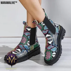 Snakeskin Ankle Boots Slip On Platform Shoes Women
