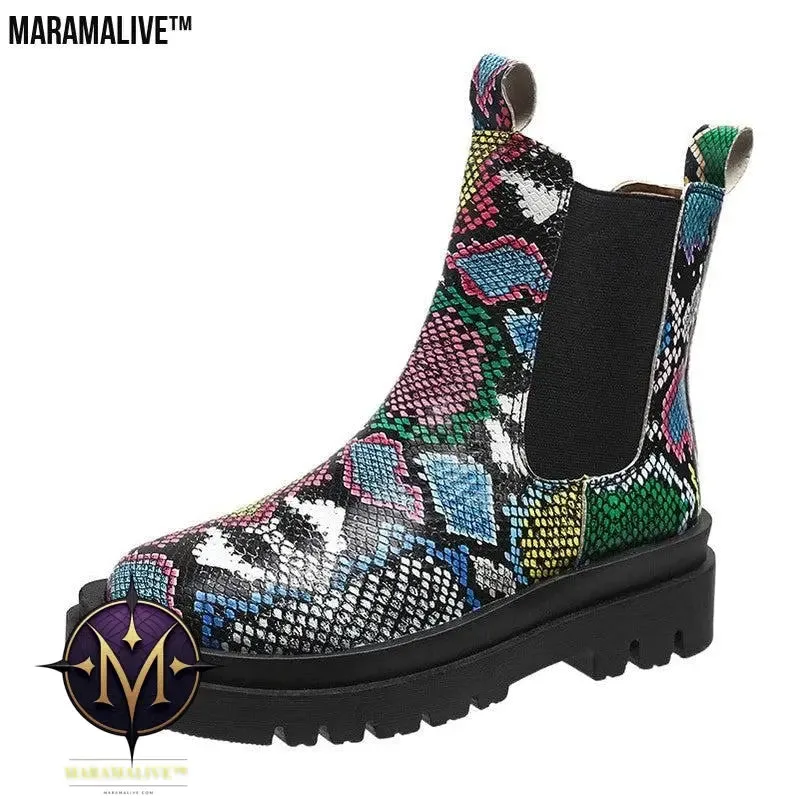 Snakeskin Ankle Boots Slip On Platform Shoes Women
