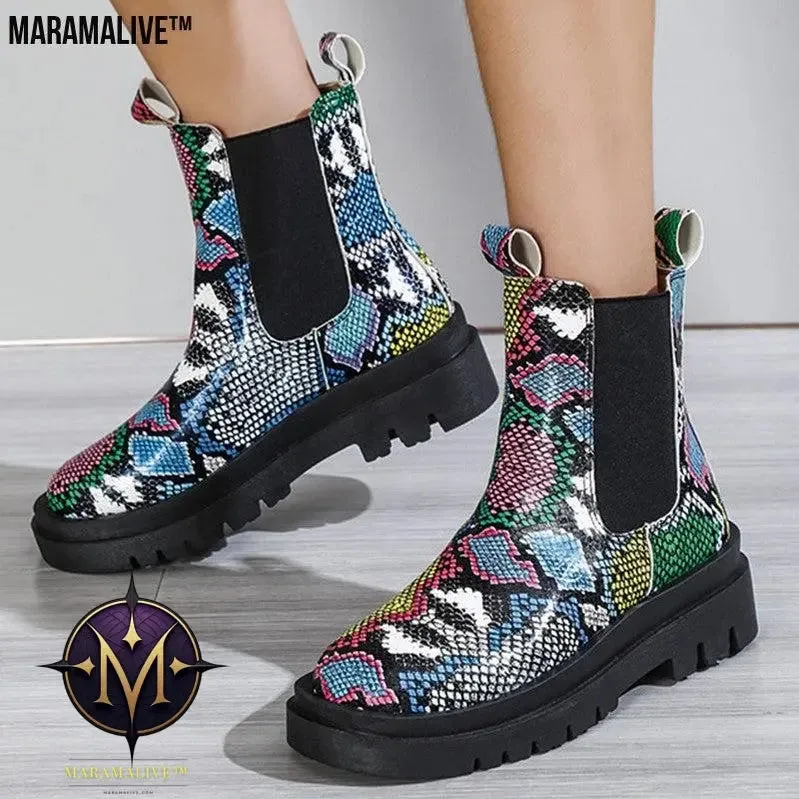 Snakeskin Ankle Boots Slip On Platform Shoes Women