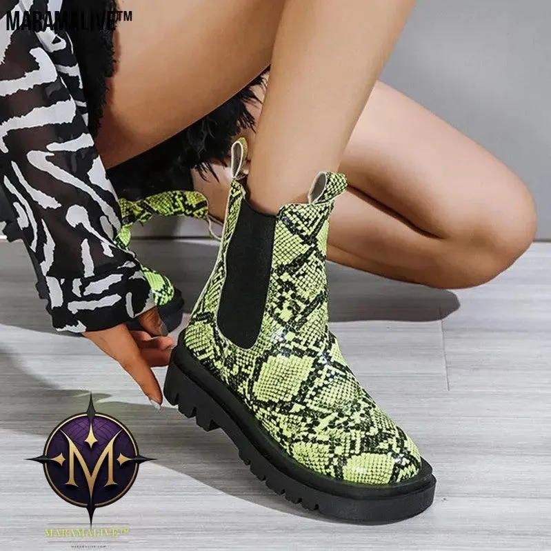 Snakeskin Ankle Boots Slip On Platform Shoes Women
