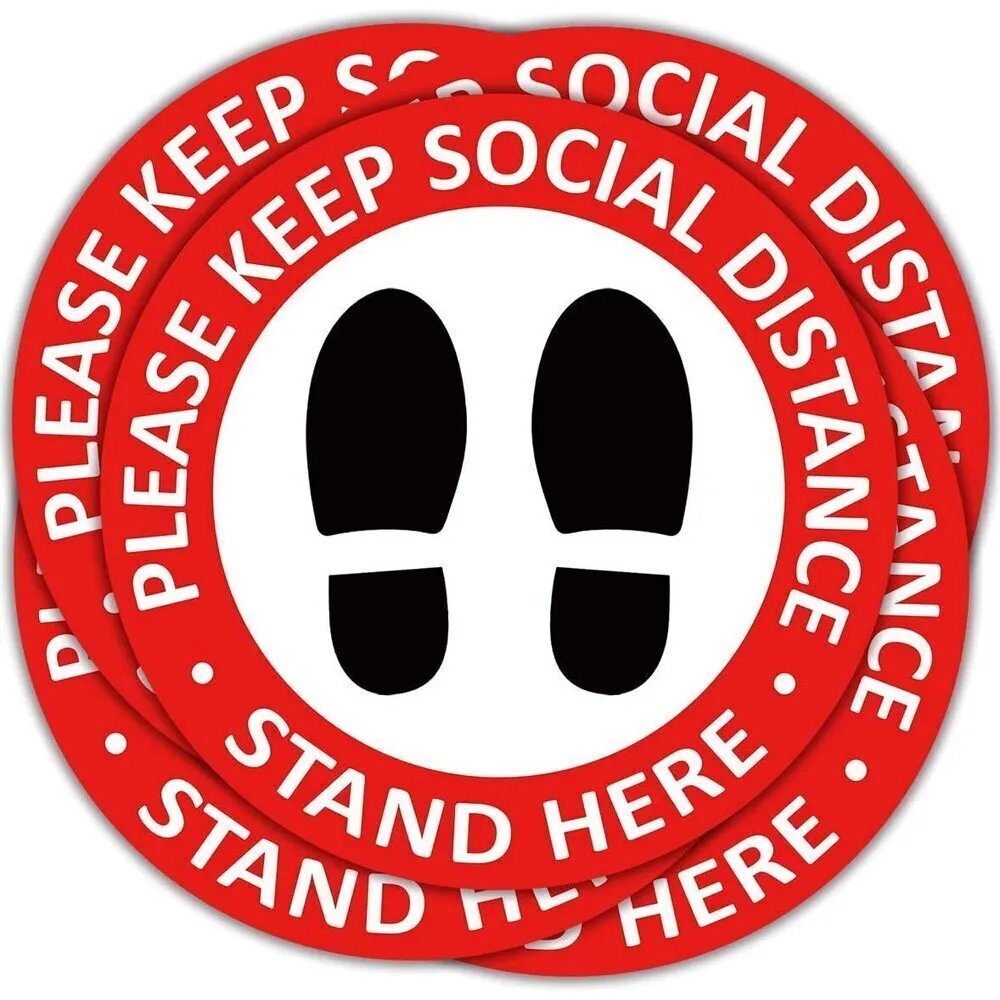 Social Distancing Floor Decals - 12" Round Vinyl Removable Stickers - Safety Floor Signs - Please Keep 6 Feet Apart Decal - Waterproof Adhesive Anti-Slip Lamination Easy to Clean - Red / 5 Pack