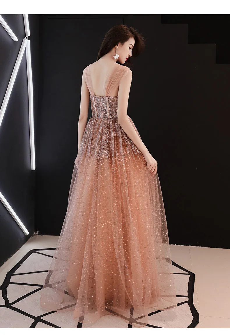 Sparkly Off Shoulder  A-Line Sequins Peach Long Prom Dress, Tulle Evening Gown