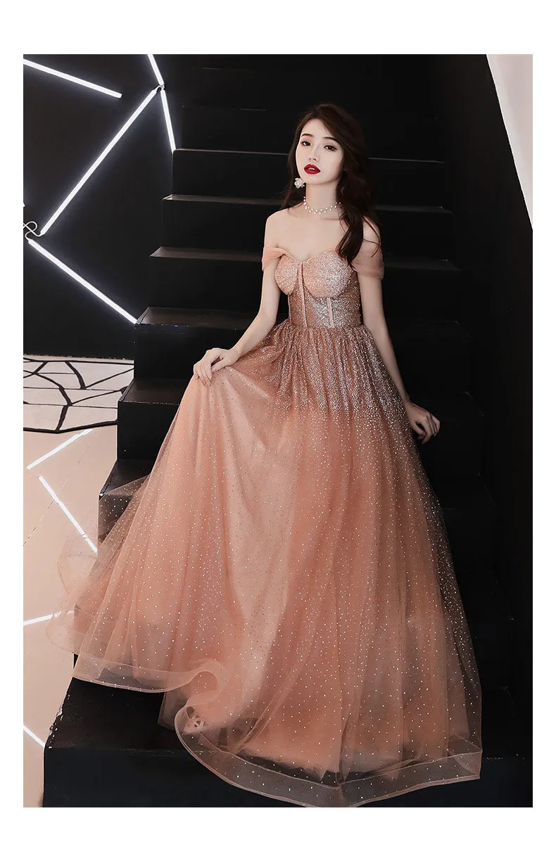 Sparkly Off Shoulder  A-Line Sequins Peach Long Prom Dress, Tulle Evening Gown