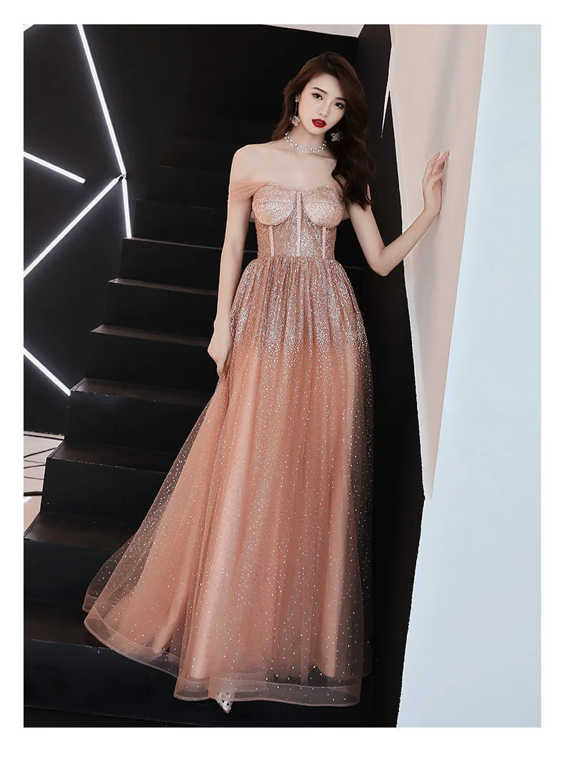 Sparkly Off Shoulder  A-Line Sequins Peach Long Prom Dress, Tulle Evening Gown