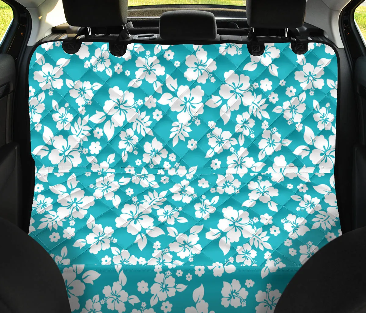 Teal and White Hibiscus Hawaiian Flower Pattern Waterproof Back Seat Protector Cover for Dogs
