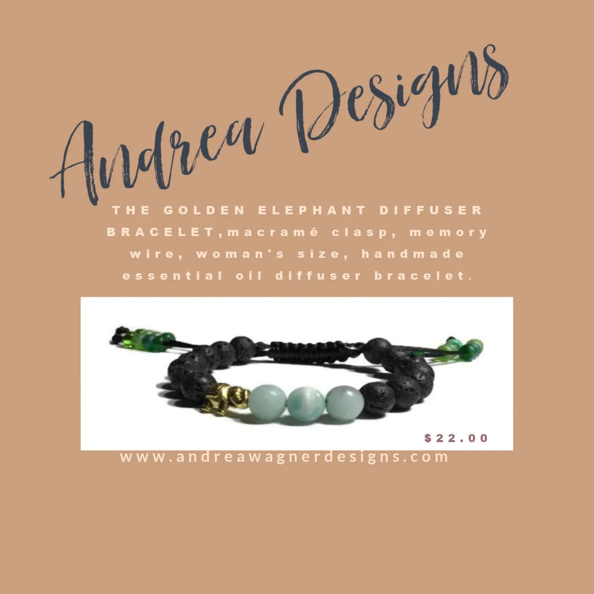 THE GOLDEN ELEPHANT DIFFUSER BRACELET, black lava rocks with green amazonite stones, macramê clasp, memory wire, woman's size, essential oil diffuser,