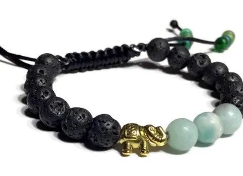 THE GOLDEN ELEPHANT DIFFUSER BRACELET, black lava rocks with green amazonite stones, macramê clasp, memory wire, woman's size, essential oil diffuser,