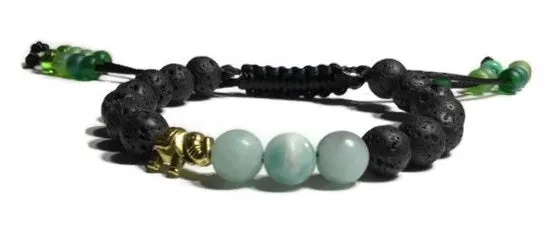 THE GOLDEN ELEPHANT DIFFUSER BRACELET, black lava rocks with green amazonite stones, macramê clasp, memory wire, woman's size, essential oil diffuser,
