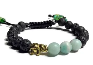 THE GOLDEN ELEPHANT DIFFUSER BRACELET, black lava rocks with green amazonite stones, macramê clasp, memory wire, woman's size, essential oil diffuser,
