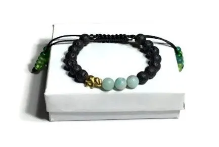 THE GOLDEN ELEPHANT DIFFUSER BRACELET, black lava rocks with green amazonite stones, macramê clasp, memory wire, woman's size, essential oil diffuser,