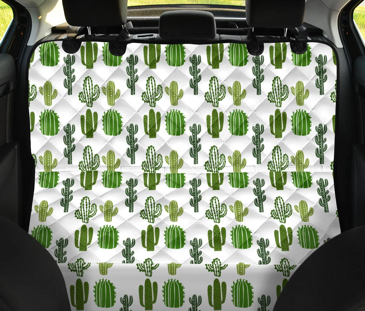 White With Green Cactus Pattern Back Seat Cover For Pets