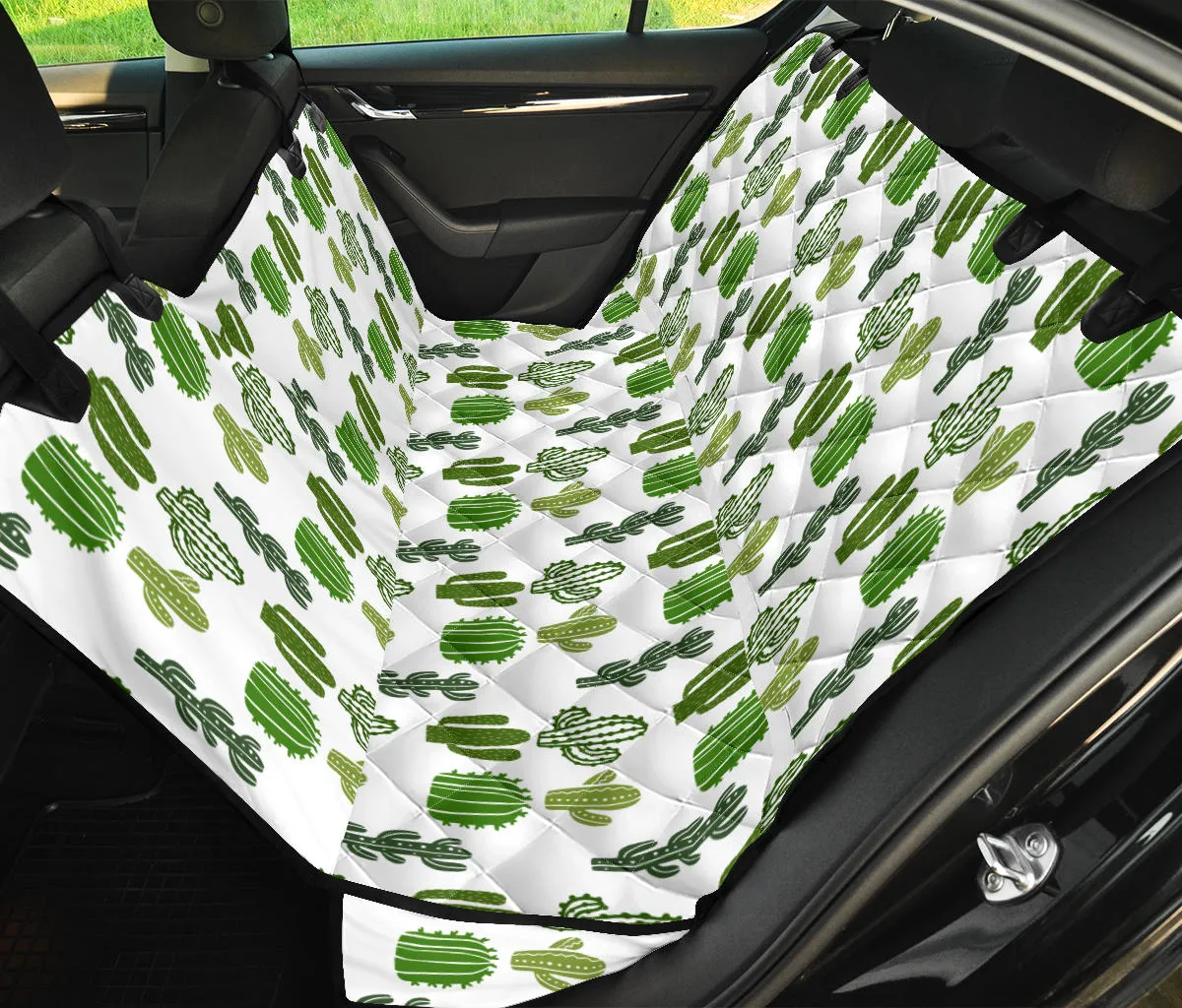White With Green Cactus Pattern Back Seat Cover For Pets