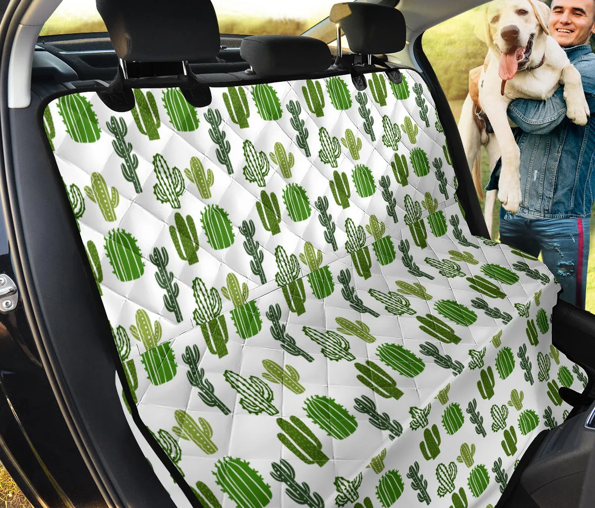 White With Green Cactus Pattern Back Seat Cover For Pets