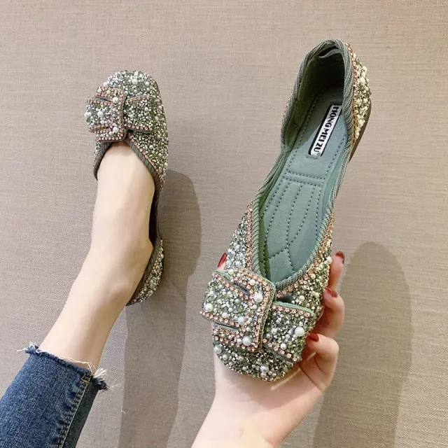 Women Ballet Flats Bling Crystal Diamond Dress Ladies Bow Sequins Single Shoes Rhinestone Glitter Square Toe
