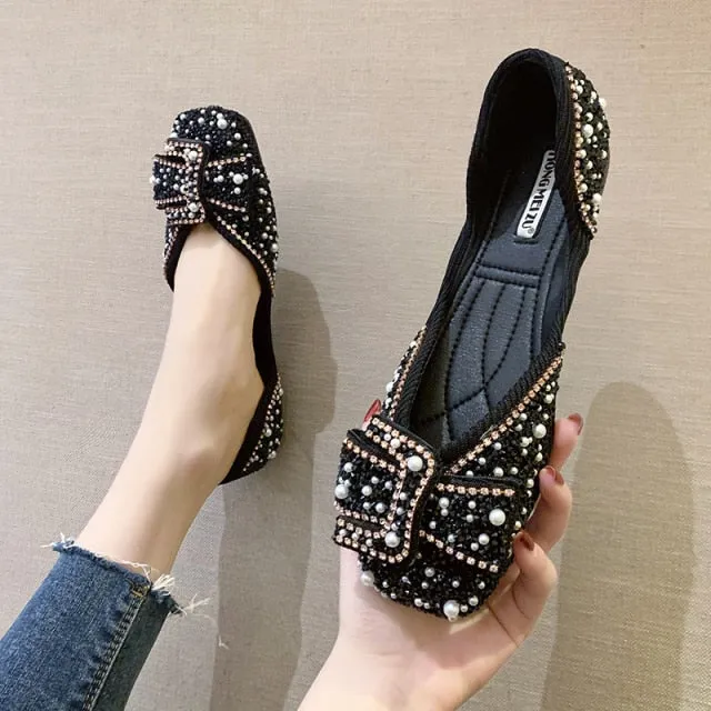 Women Ballet Flats Bling Crystal Diamond Dress Ladies Bow Sequins Single Shoes Rhinestone Glitter Square Toe
