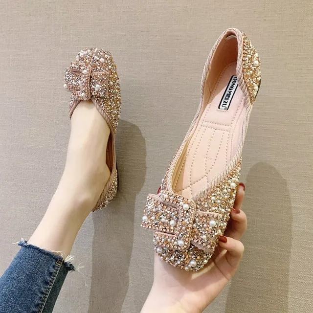 Women Ballet Flats Bling Crystal Diamond Dress Ladies Bow Sequins Single Shoes Rhinestone Glitter Square Toe