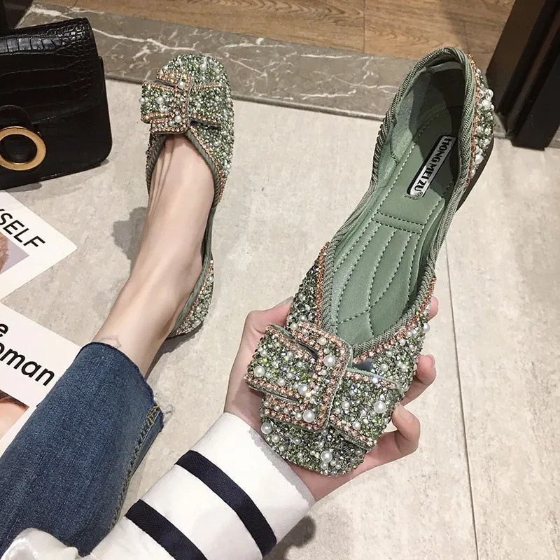 Women Ballet Flats Bling Crystal Diamond Dress Ladies Bow Sequins Single Shoes Rhinestone Glitter Square Toe