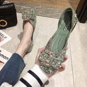 Women Ballet Flats Bling Crystal Diamond Dress Ladies Bow Sequins Single Shoes Rhinestone Glitter Square Toe