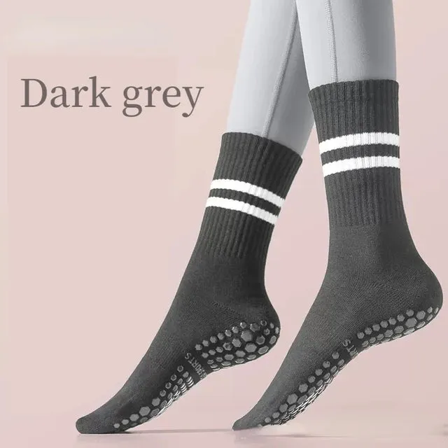 Women Non-slip Yoga Socks - Mid-tube Breathable Pilates Sports Sock, Ladies Cotton Fitness Dance Ballet Indoor Floor Socks