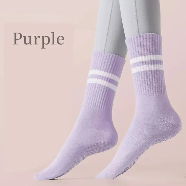 Women Non-slip Yoga Socks - Mid-tube Breathable Pilates Sports Sock, Ladies Cotton Fitness Dance Ballet Indoor Floor Socks