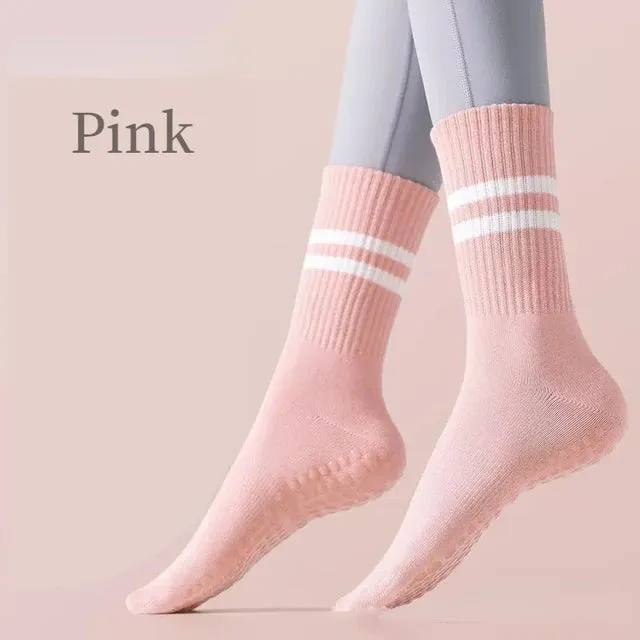 Women Non-slip Yoga Socks - Mid-tube Breathable Pilates Sports Sock, Ladies Cotton Fitness Dance Ballet Indoor Floor Socks
